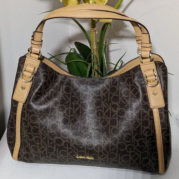 Calvin Klein Signature Tote Shoulder Bag Brown CK Monogram Print Brown Leather